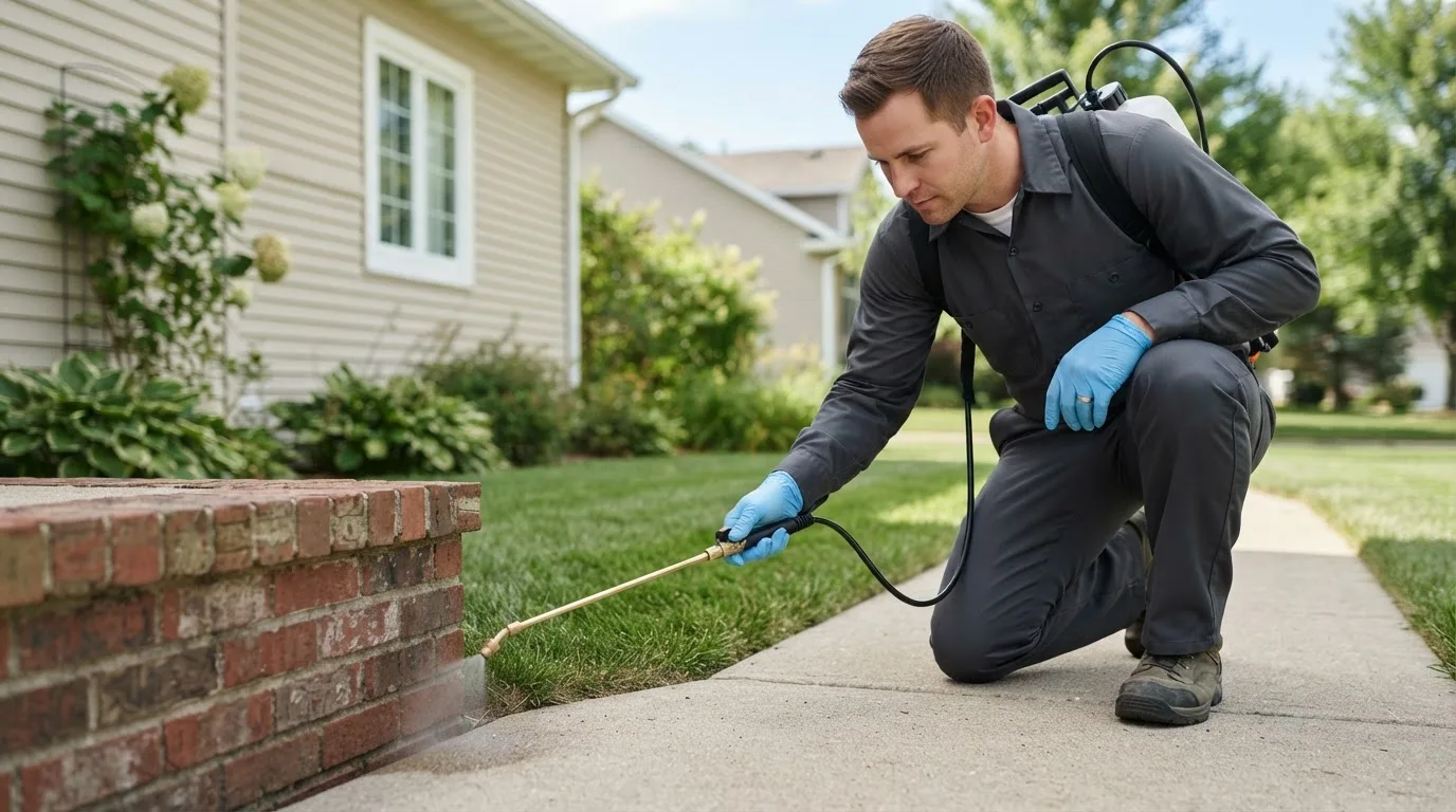 Pest control technician treating a home near Russellville, OH