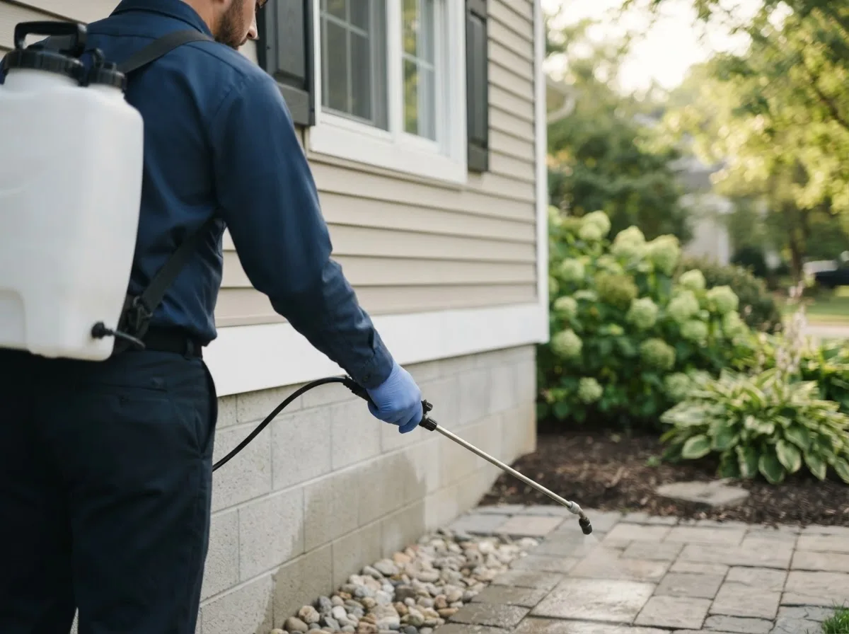 Pest control technician inspecting a home in Russellville, OH